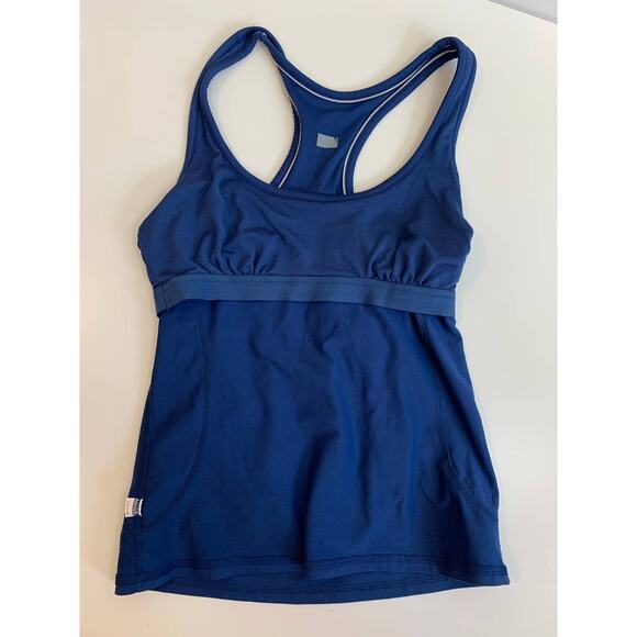 Athleta Navy Blue Racerback Workout Tank Top White Piping S Exercise Yoga - Picture 5 of 8